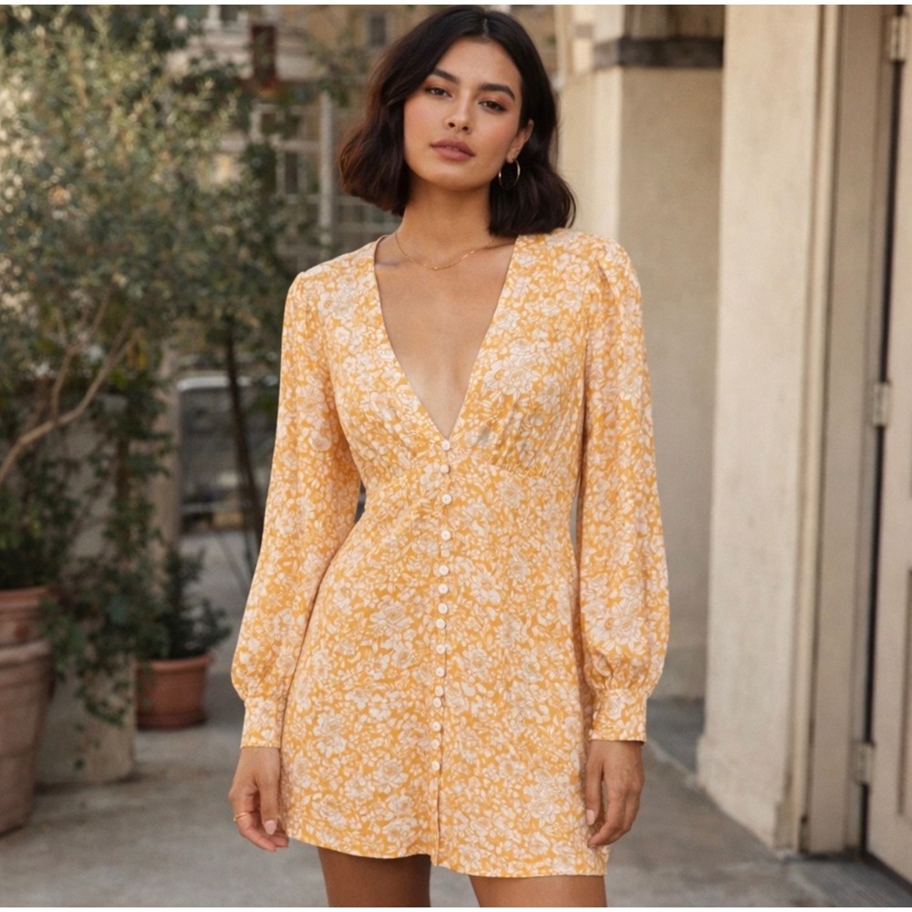 Skylar Madison Yellow Floral Mini Dress Large Cottagecore Boho Romantic Sundress